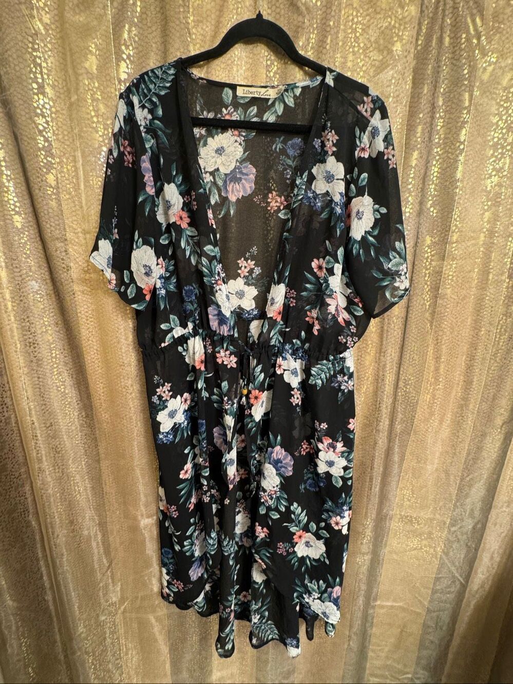 Liberty Love Black Floral Dogwood Sheer Swim Coverup Kimono 2XL